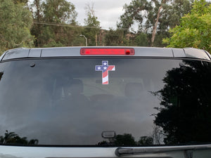 Cross sticker embellished with waving American flag