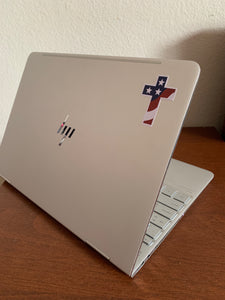 Cross sticker embellished with waving American flag